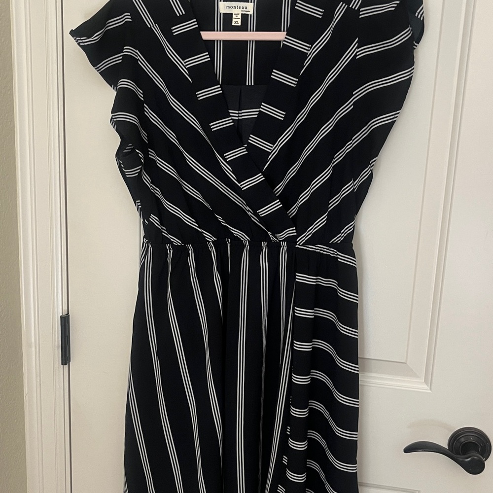 Monteau Black and White Asymmetrical Sundress with Flutter Sleeves